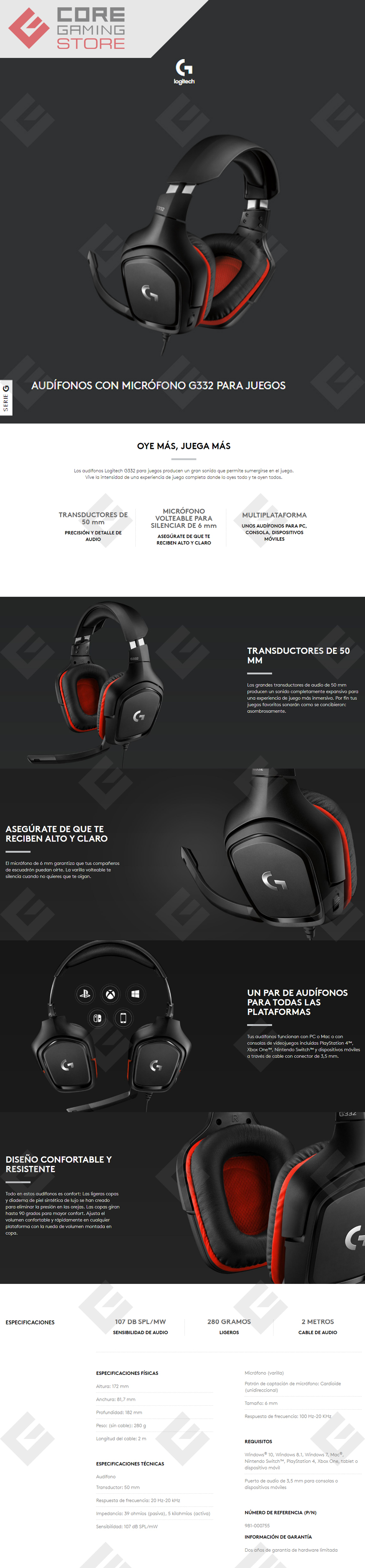 Auriculares Logitech G332 Gaming Headset 3.5mm PC/PS4/XBOX ONE