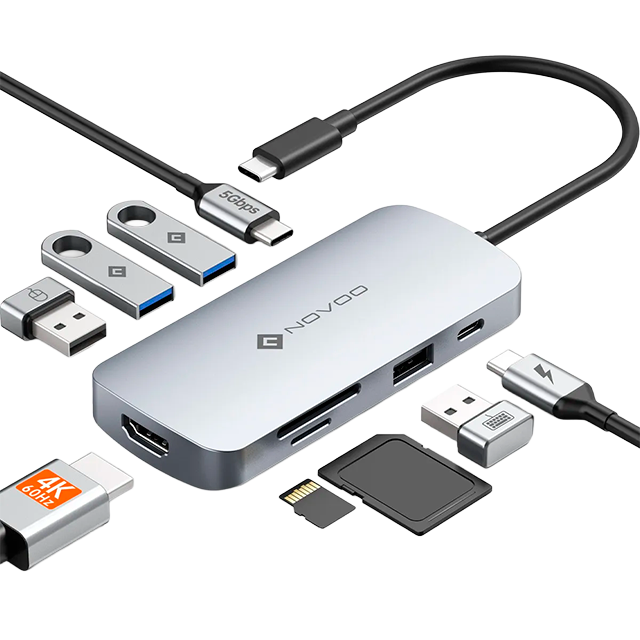 Hub USB-C Novoo 9 en 1, HDMI 4K@60Hz, 3 USB 3.0, 2 USB 2.0, USB-C PD 100W, SD/Micro SD, Cable 20cm, Color Plateado - NH09D-155A
