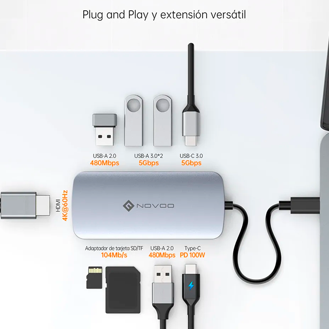 Hub USB-C Novoo 9 en 1, HDMI 4K@60Hz, 3 USB 3.0, 2 USB 2.0, USB-C PD 100W, SD/Micro SD, Cable 20cm, Color Plateado - NH09D-155A
