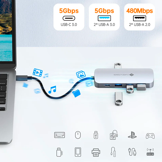 Hub USB-C Novoo 9 en 1, HDMI 4K@60Hz, 3 USB 3.0, 2 USB 2.0, USB-C PD 100W, SD/Micro SD, Cable 20cm, Color Plateado - NH09D-155A