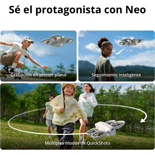 Dron DJI Neo Motion Vuela Más, Cámara 4K UHD, Foto 12 MP, 135 g, Despegue desde la Mano, Seguimiento Inteligente, RC Motion 3 + 3 Baterías