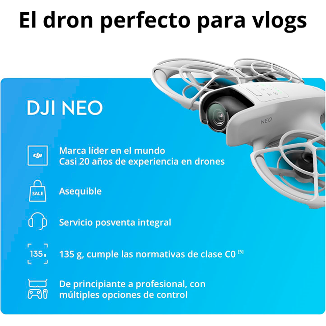Dron DJI Neo Motion Vuela Más, Cámara 4K UHD, Foto 12 MP, 135 g, Despegue desde la Mano, Seguimiento Inteligente, RC Motion 3 + 3 Baterías