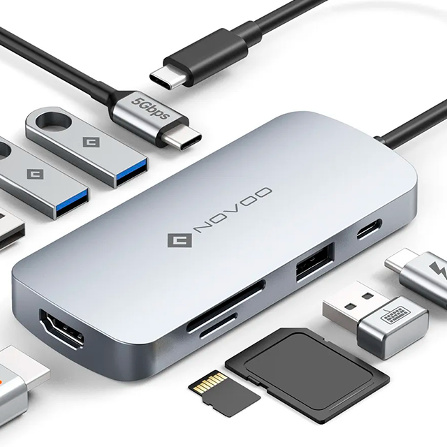 Hub USB-C Novoo 9 en 1, HDMI 4K@60Hz, 3 USB 3.0, 2 USB 2.0, USB-C PD 100W, SD/Micro SD, Cable 20cm, Color Plateado - NH09D-155A