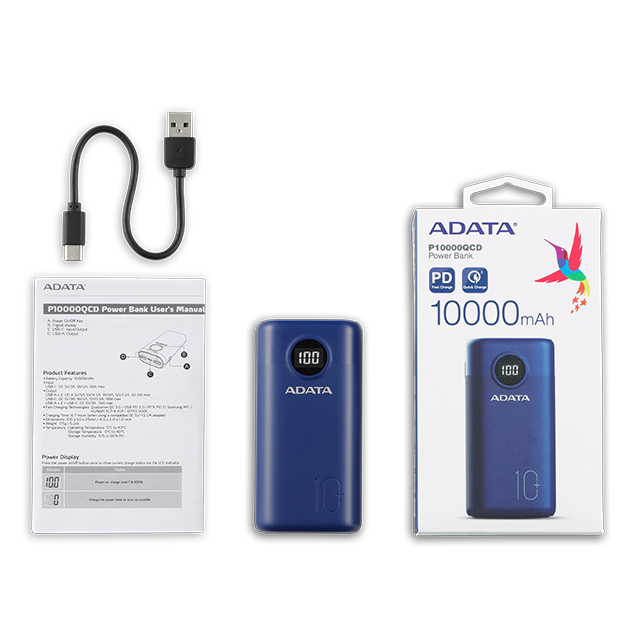 Power Bank Adata P10000QCD Azul | 10000 mAh | Carga rapida | Hasta 3 dispositivos a la vez - AP10000QCD-DGT-CDB 