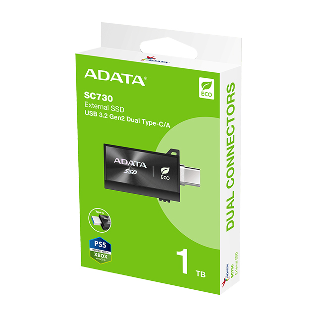 SSD Externo ADATA SC730, 1TB, USB 3.2 Gen2, 600 MB/s, Conectores USB-C y USB-A Integrados, Negro - SC730-1T-CACTI