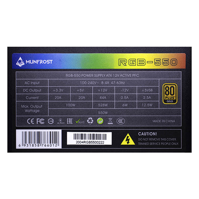 Fuente de Poder Munfrost Power Box RGB-550, 550w, 80 Plus Gold
