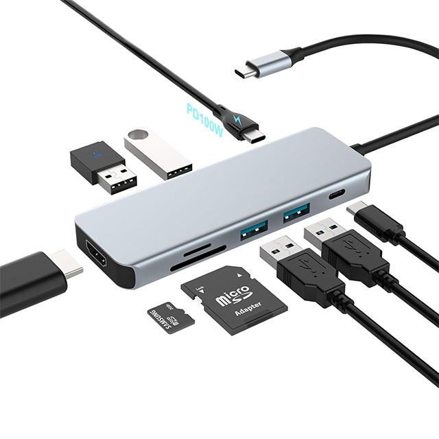 Adaptador Hub Dashline 9 en 1 USB C, Multipuerto USB C, USB 3.0, USB 2.0, HDMI, Lector MicroSD/SD, USB Tipo-C 100w - X0048XJNSL