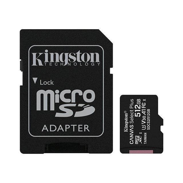 Memoria Micro SD Kingston Canvas Select Plus, 512GB, 100MB/seg Lectura, Velocidad de clase UHS-I, U3, V30, SDCS2/512GB