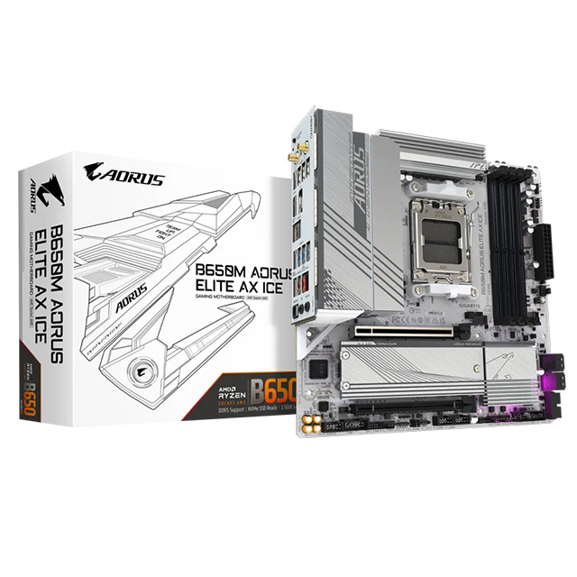 Tarjeta Madre Gigabyte B650M Aorus Elite AX Ice, Micro ATX. AM5, DDR5 7600Mhz, x2 M.2, Wifi, Bluetooth