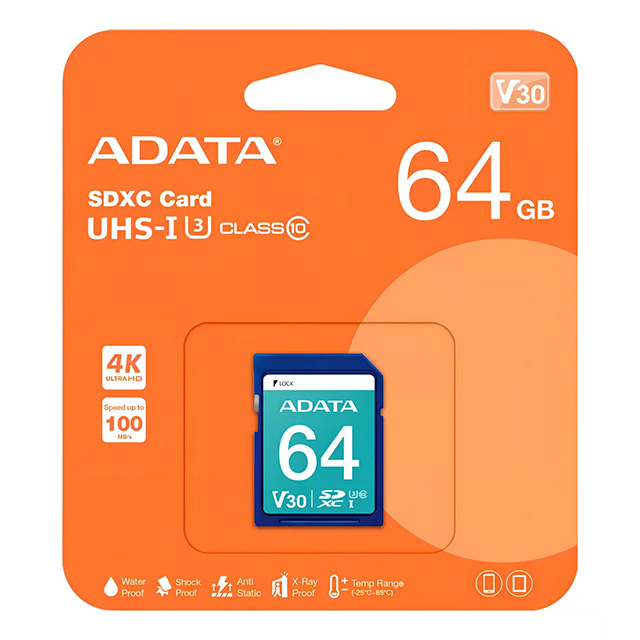 Memoria SD Adata Premier Pro SDXC, 64GB, UHS-I, U3, V30, CLASE 10 - ASDX64GUI3V30S-R