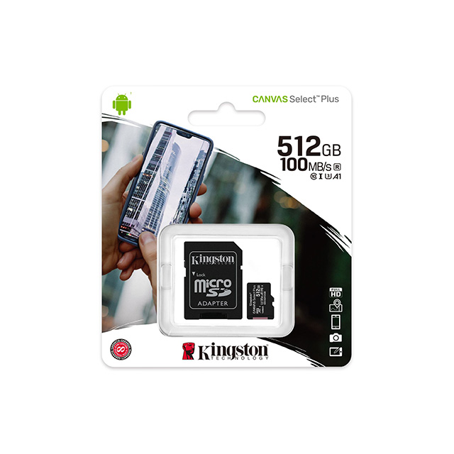 Memoria Micro SD Kingston Canvas Select Plus, 512GB, 100MB/seg Lectura, Velocidad de clase UHS-I, U3, V30, SDCS2/512GB