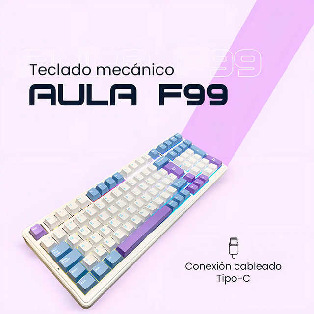 Teclado Mecánico Aula F99, 90%, alámbrico, switches Red, pads absorbentes, RGB, español, blanco/azul/morado – 8500-0005