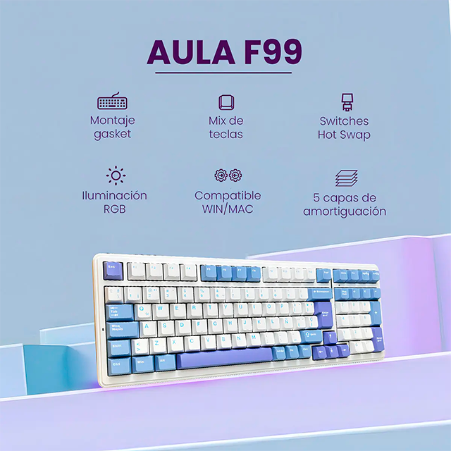 Teclado Mecánico Aula F99, 90%, alámbrico, switches Red, pads absorbentes, RGB, español, blanco/azul/morado – 8500-0005