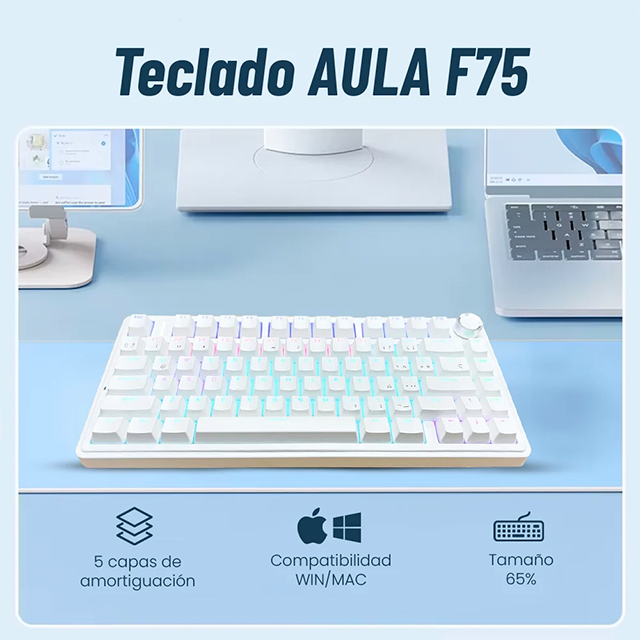 Teclado Mecánico Gamer AULA F75 Blanco, 75%, Blue Switch, Alámbrico USB-C, Gasket Mount, RGB – 8500-0009