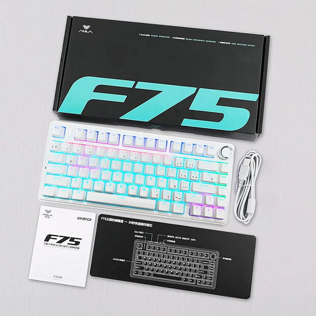 Teclado Mecánico Gamer AULA F75 Blanco, 75%, Blue Switch, Alámbrico USB-C, Gasket Mount, RGB – 8500-0009