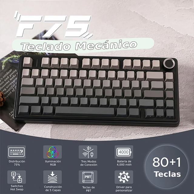 Teclado Mecánico Inalámbrico AULA F75 Pro Black/Gray, 75%, Reaper Switch, Triple Conexión, Gasket, RGB – 8500-0050