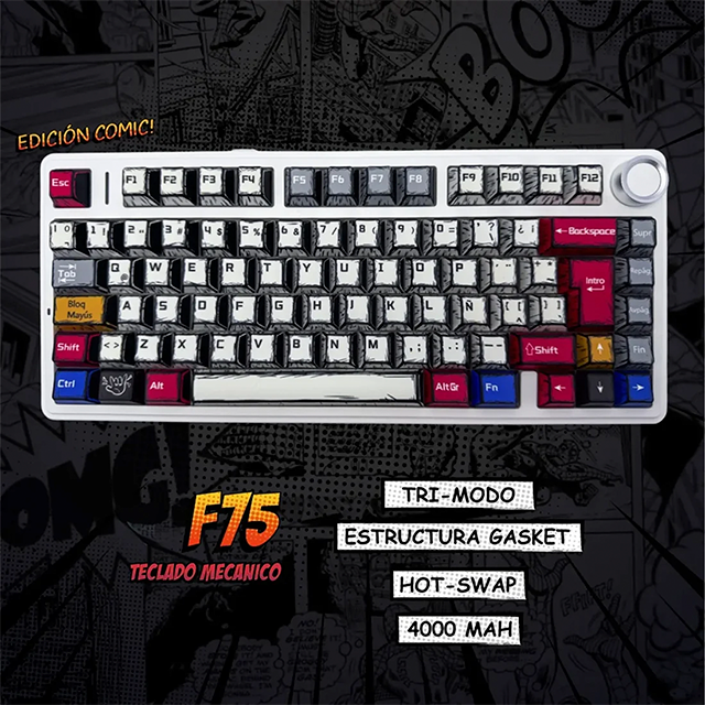 Teclado Mecánico Inalámbrico AULA F75 Comic, 75%, Star Vector Switch, Triple Conexión, Hot-Swap, Gasket, RGB, Español – 8500-0078