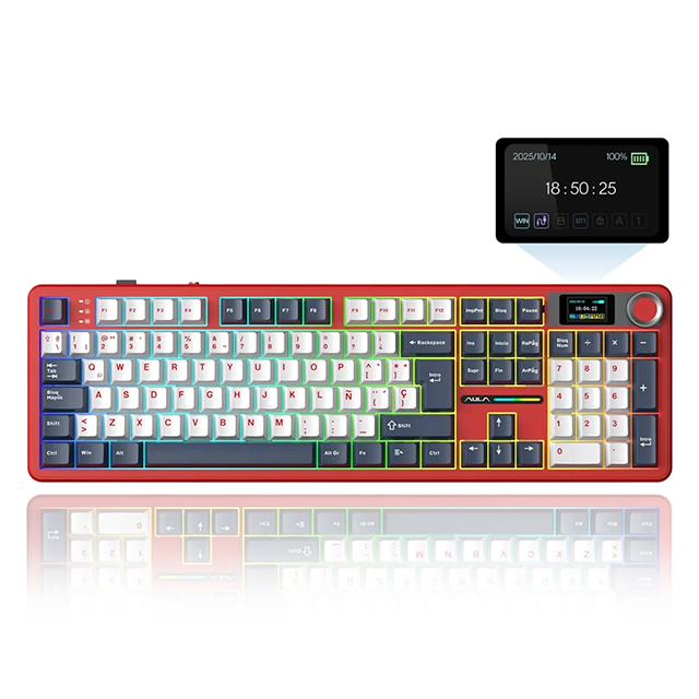 Teclado Mecánico Inalámbrico AULA F108 Pro Red/White/Dark Blue, 100%, Wind Spirit Switch, Triple Conexión, Pantalla LCD 1.14", Hot-Swap, Gasket, RGB – 8500-0082