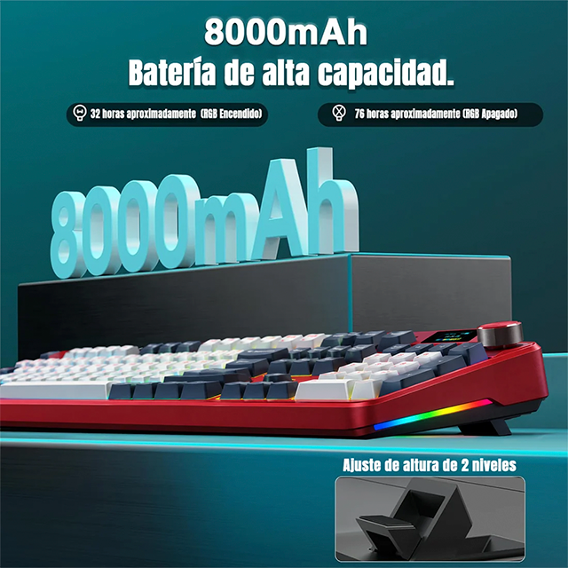 Teclado Mecánico Inalámbrico AULA F108 Pro Red/White/Dark Blue, 100%, Wind Spirit Switch, Triple Conexión, Pantalla LCD 1.14", Hot-Swap, Gasket, RGB – 8500-0082