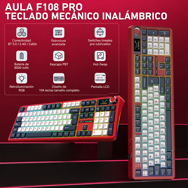 Teclado Mecánico Inalámbrico AULA F108 Pro Red/White/Dark Blue, 100%, Wind Spirit Switch, Triple Conexión, Pantalla LCD 1.14", Hot-Swap, Gasket, RGB – 8500-0082