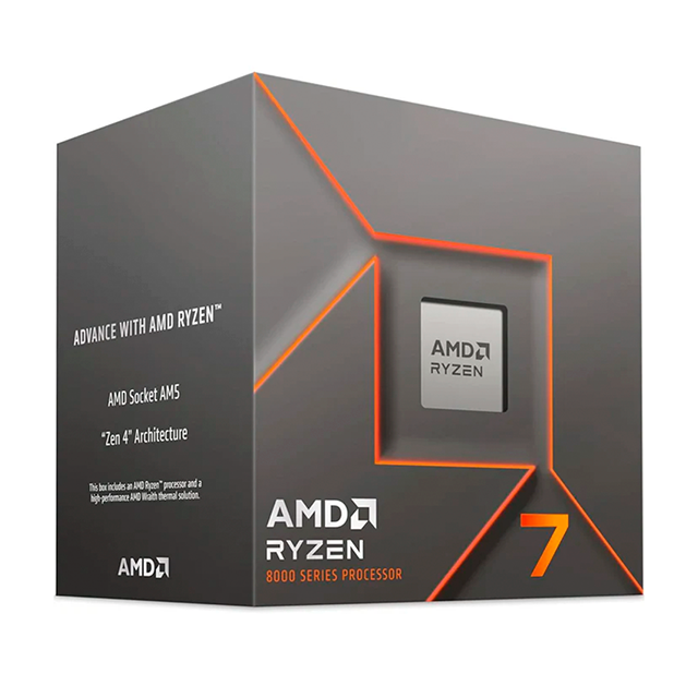 Procesador AMD Ryzen 7 8700F, 8 Núcleos, 16 Hilos, 4.1 GHz, Boost hasta 5.0 GHz, 24 MB Caché Total, AM5, 65 W, sin Gráficos, con Disipador – 100-100001590BOX