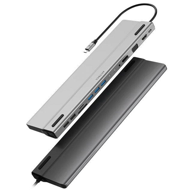 Docking station Port X DH690 14 en 1, USB-A 2.0, USB-A 3.1, USB-C, PD, HDMI, VGA, DP, SD, MicroSD, AUX, Ethernet, Elite plata – AC-932950