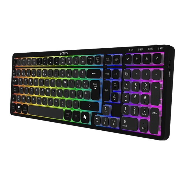 Teclado Mecánico Multidispositivo Acteck Techno Pro TI790, 100%, Switch Morado, 2.4 GHz, Bluetooth, RGB, Recargable, Negro – AC-940061