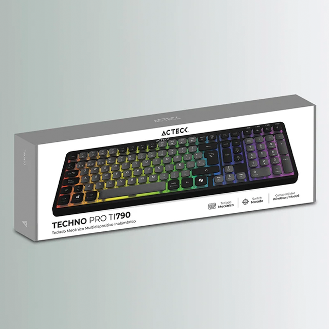 Teclado Mecánico Multidispositivo Acteck Techno Pro TI790, 100%, Switch Morado, 2.4 GHz, Bluetooth, RGB, Recargable, Negro – AC-940061