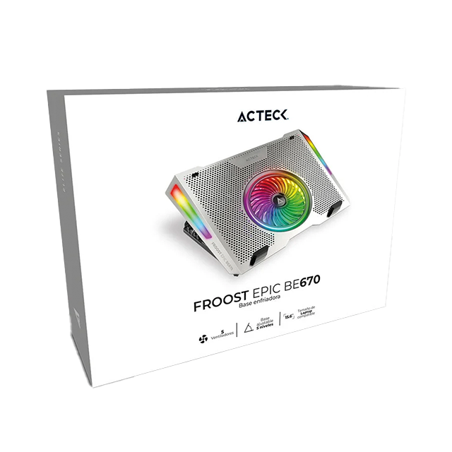 Base Enfriadora para Laptop Acteck Froost Epic BE670, hasta 15.6", 5 Ventiladores, RGB, 2× USB-A, Plata/Negro – AC-940764