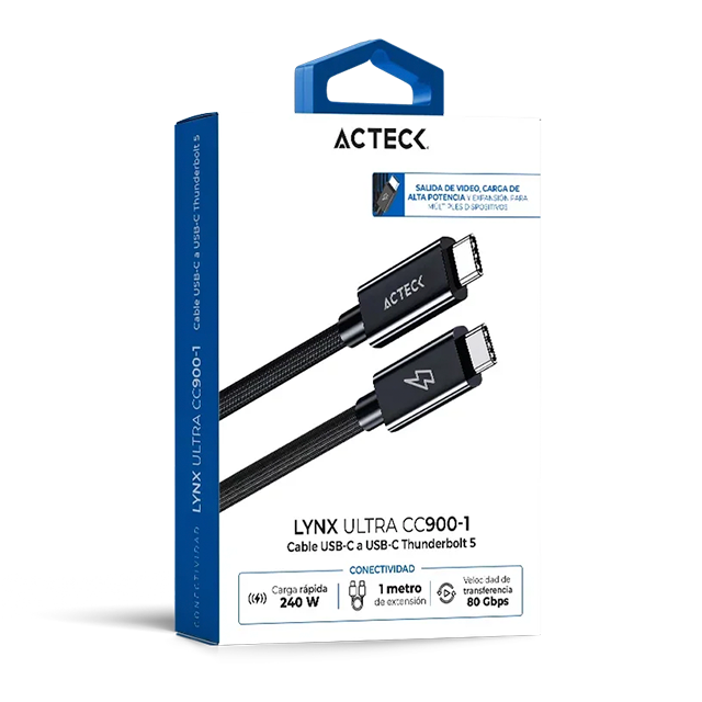 Cable USB-C a USB-C Acteck Lynx Ultra CC900-1, Thunderbolt 5, 80 Gbps, 240 W, 16K 60 Hz, 4K 240 Hz, 1 m, Titanio – AC-945080
