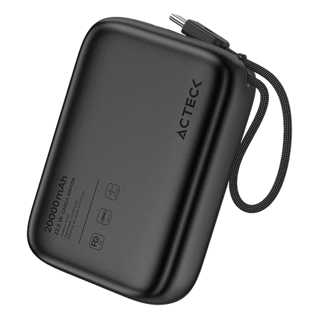 Cargador Powerbank Acteck Energon GO Plug Max PG80, 20,000 mAh, USB-C, Carga Rápida 22.5W, Cable Integrado, Negro – AC-945608