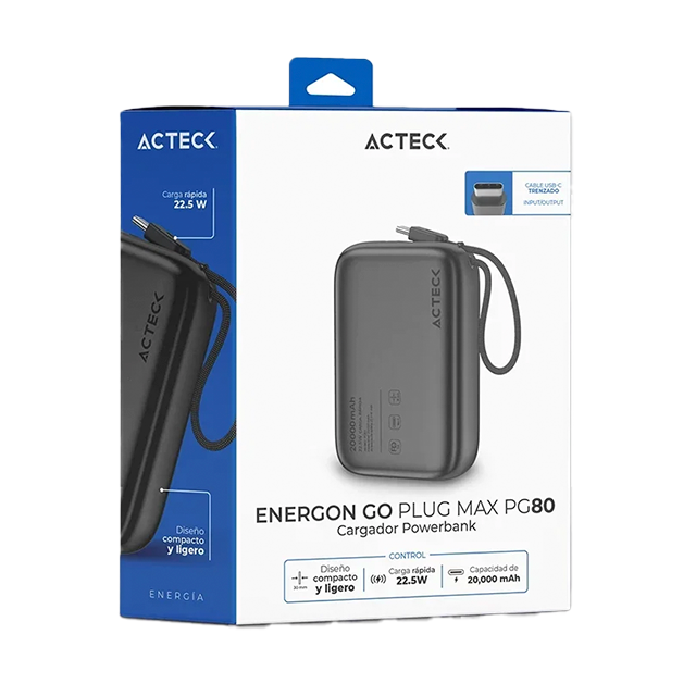 Cargador Powerbank Acteck Energon GO Plug Max PG80, 20,000 mAh, USB-C, Carga Rápida 22.5W, Cable Integrado, Negro – AC-945608