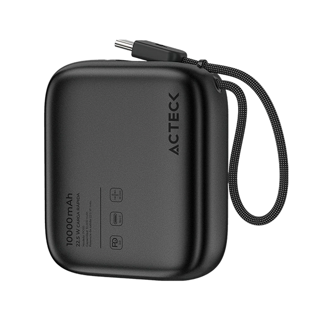 Cargador Powerbank Acteck Energon GO Plug Pro PG60, 10,000 mAh, USB-C, Carga Rápida 22.5W, Cable Integrado, Negro – AC-945615