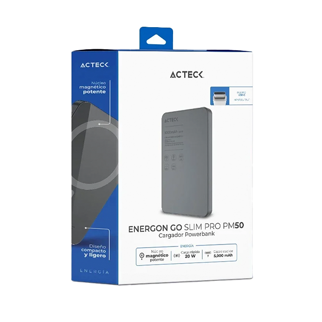 Cargador Powerbank Acteck Energon GO Slim Pro PM50, 5,000 mAh, Carga Inalámbrica Magnética Qi2 20W, USB-C, Negro – AC-945639