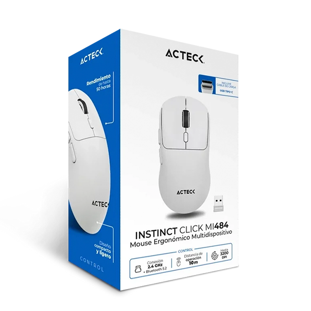 Mouse Ergonómico Multidispositivo Acteck Instinct Click MI484, 3200 DPI, 2.4 GHz + Bluetooth 5.2, 5 Botones, Recargable, Blanco Avena – AC-945653
