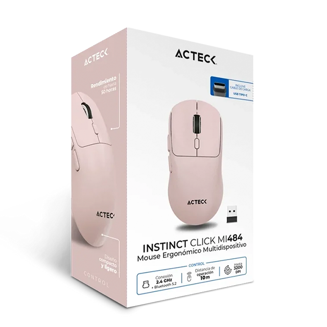 Mouse Ergonómico Multidispositivo Acteck Instinct Click MI484, 3200 DPI, 2.4 GHz + Bluetooth, 5 Botones, Recargable, Rosa – AC-945677