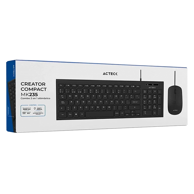 Kit Teclado y Mouse Acteck Creator Compact MK235, Alámbrico USB-A, Teclado 80% de 96 Teclas, Mouse Óptico 1200 DPI, Negro – AC-945936
