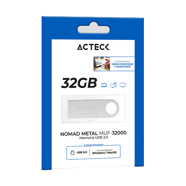 Memoria USB Acteck Nomad Metal MUF-32000, 32GB, USB 2.0, lectura 25 MB/s, escritura 5 MB/s, metálica plata – AC-946216