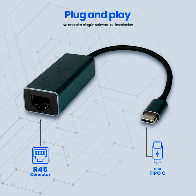Adaptador Vorago ADP-210, Tipo C a Ethernet RJ45, Velocidad 1 Gbps, Plug & Play, Carcasa Metálica - ADP-210