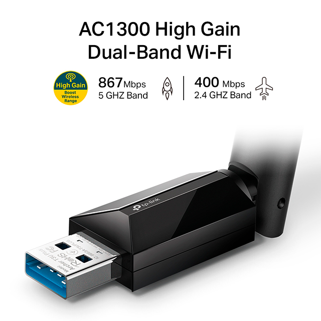 TP-Link Archer T3U Plus, Adaptador USB Wi-Fi AC1300 Dual Band, Antena de Alta Ganancia, USB 3.0 - ARCHER T3U PLUS