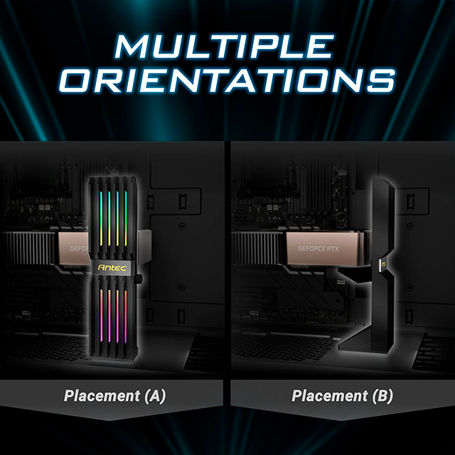 Soporte para Tarjeta de Video ANTEC HOLDER ARGB VERTICAL, Ajuste Vertical, Estructura Metálica, Iluminación ARGB Direccionable, Compatibilidad Universal - AT-GPUH-ARGB-BK