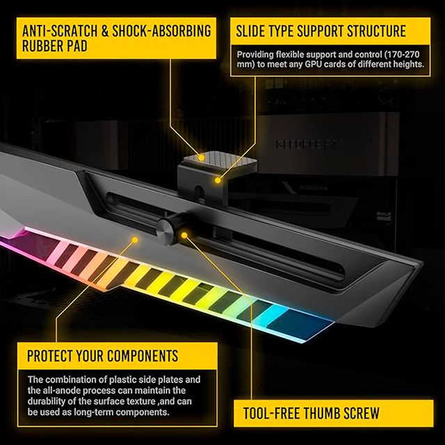 Soporte para Tarjeta de Video ANTEC DAGGER ARGB, Ajustable en Altura, Estructura Metálica, Iluminación ARGB Personalizable, Compatibilidad Universal - AT-HGPUH-ARGB-BK