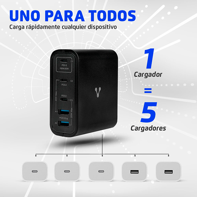 Cargador de Pared Vorago AU-600, 100W PD, 5 Puertos, Quick Charge 3.0, USB-C – Negro