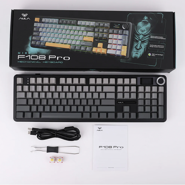 Teclado Mecánico Aula F108PRO Wireless, 100%, switches Zephyr, inglés, inalámbrico, negro/gris – F108PRO Black/Gray