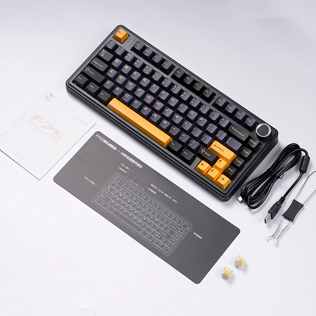 Teclado mecánico Aula F75 inalámbrico, 70%, triple conexión, Reaper switch, gasket 7 niveles, RGB, negro/amarillo – 8500-0014