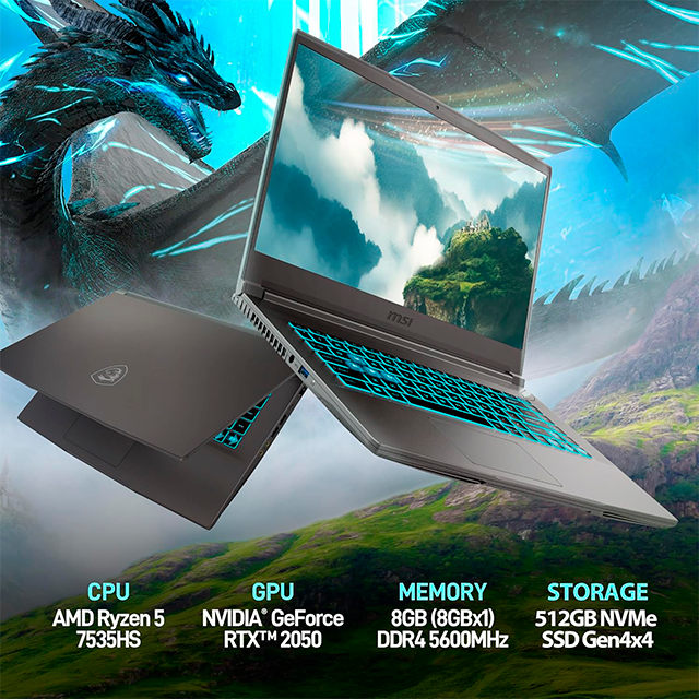 Laptop Gamer MSI Thin A15 15.6" Full HD, AMD Ryzen 5 7535HS, NVIDIA GeForce RTX 2050, 8GB RAM, 512GB SSD, Windows 11 Home, Teclado Inglés – B7UCX-218US