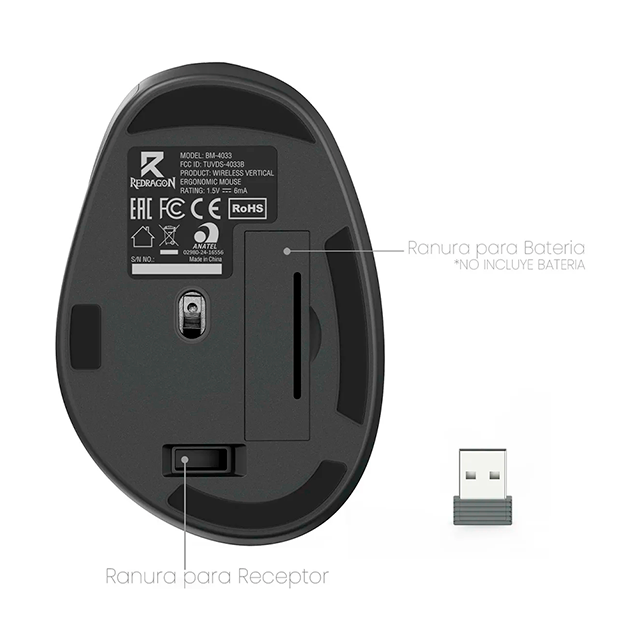 Mouse Inalámbrico Redragon Ofimática BM-4033, Ergonómico Vertical, 4000 DPI, 2.4 GHz, 6 Botones, Negro – BM-4033