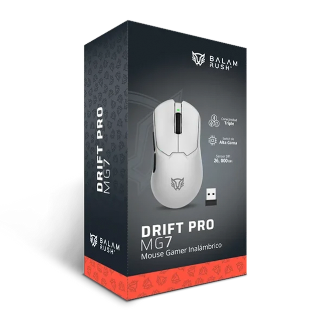 Mouse Gaming Inalámbrico Balam Rush Drift Pro MG7, PAW3395, 26,000 DPI, 1000 Hz, Bluetooth 5.3, 2.4 GHz, USB-C, 5 Botones, RGB, Blanco – BR-938532