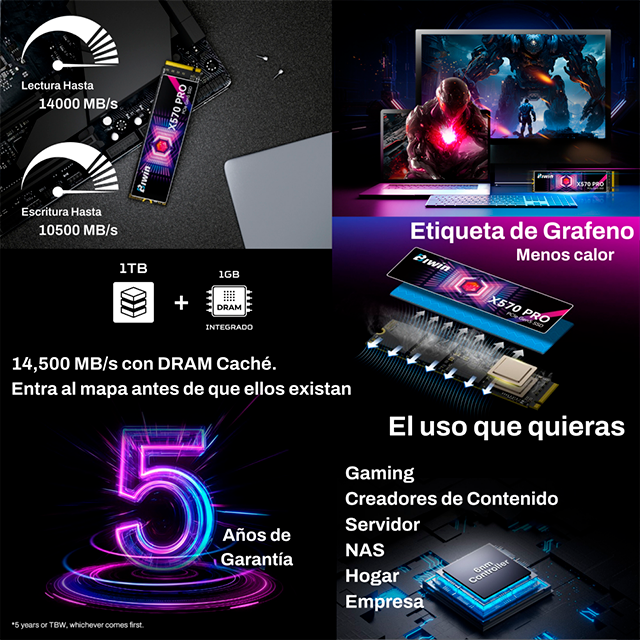 Unidad de Estado Solido SSD Biwin Black Opal X570 PRO 1TB, M.2 2280, PCIe Gen5 x4, NVMe 2.0, 1GB DRAM, hasta 14,000/10,500 MB/s – BX570DN01TB-RGX