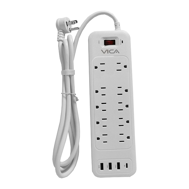 Centro de Carga VICA SUP USB 9P, 10 contactos NEMA 5-15R, 3 USB A,1 USB-C, supresor de picos, montaje pared – SUP USB 9P